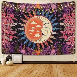𝅺PSYCHEDELIC Moon Stars Garden Flower Tapestry Mandala Living Room Bedroom Dorm